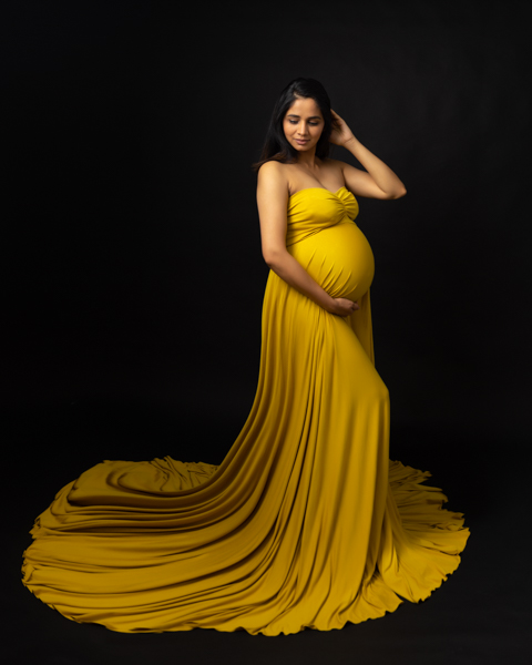 pregnant mom in mustard dress