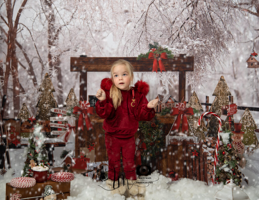 Pretty girl in red velour outfit in the snow picture