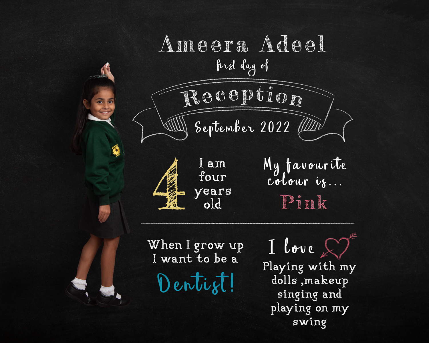 Back to school chalkboard. Girl in uniform writing details of first day of school on chalkboard