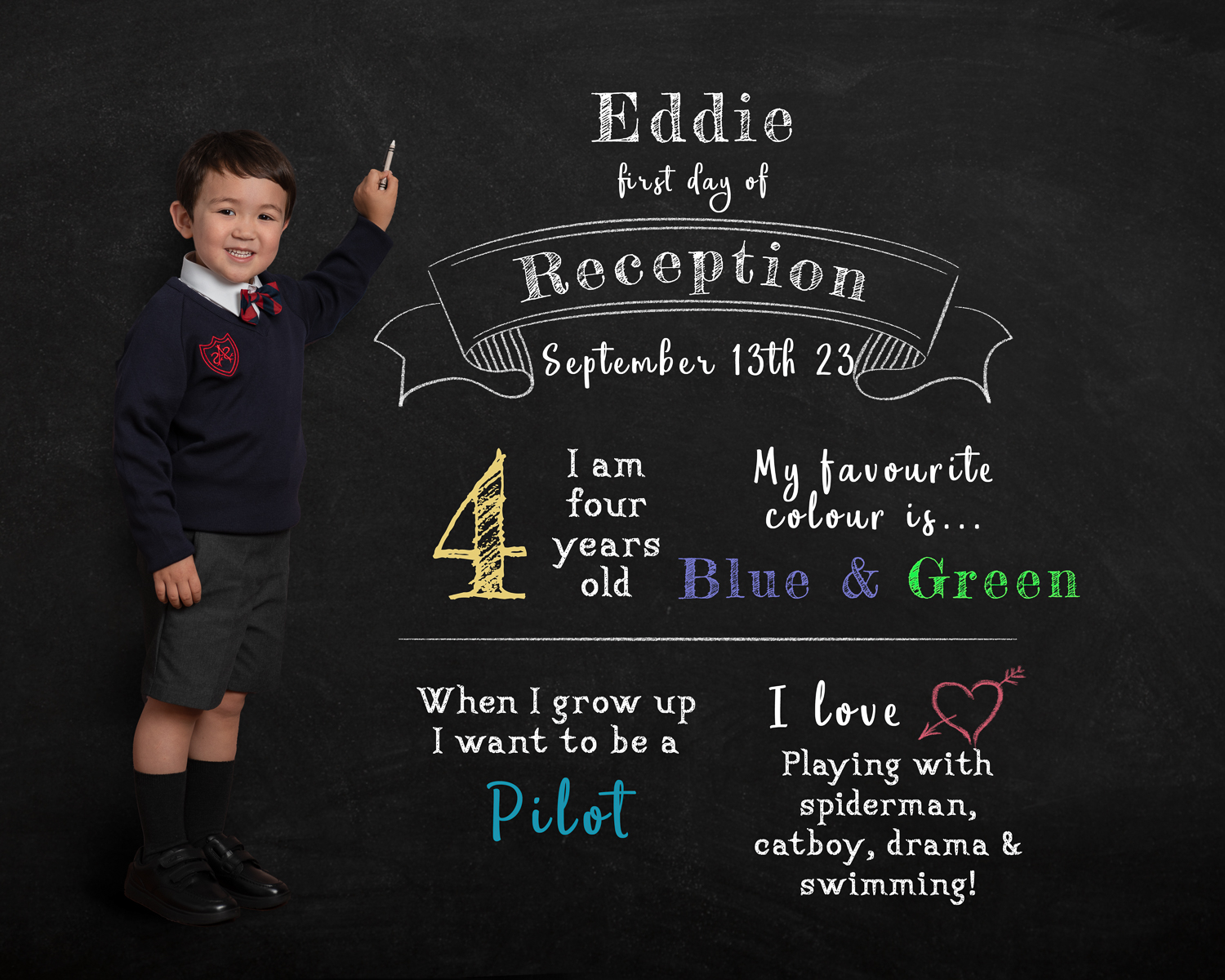 Back to school chalkboard boy writing details of first day at school on chalkboard