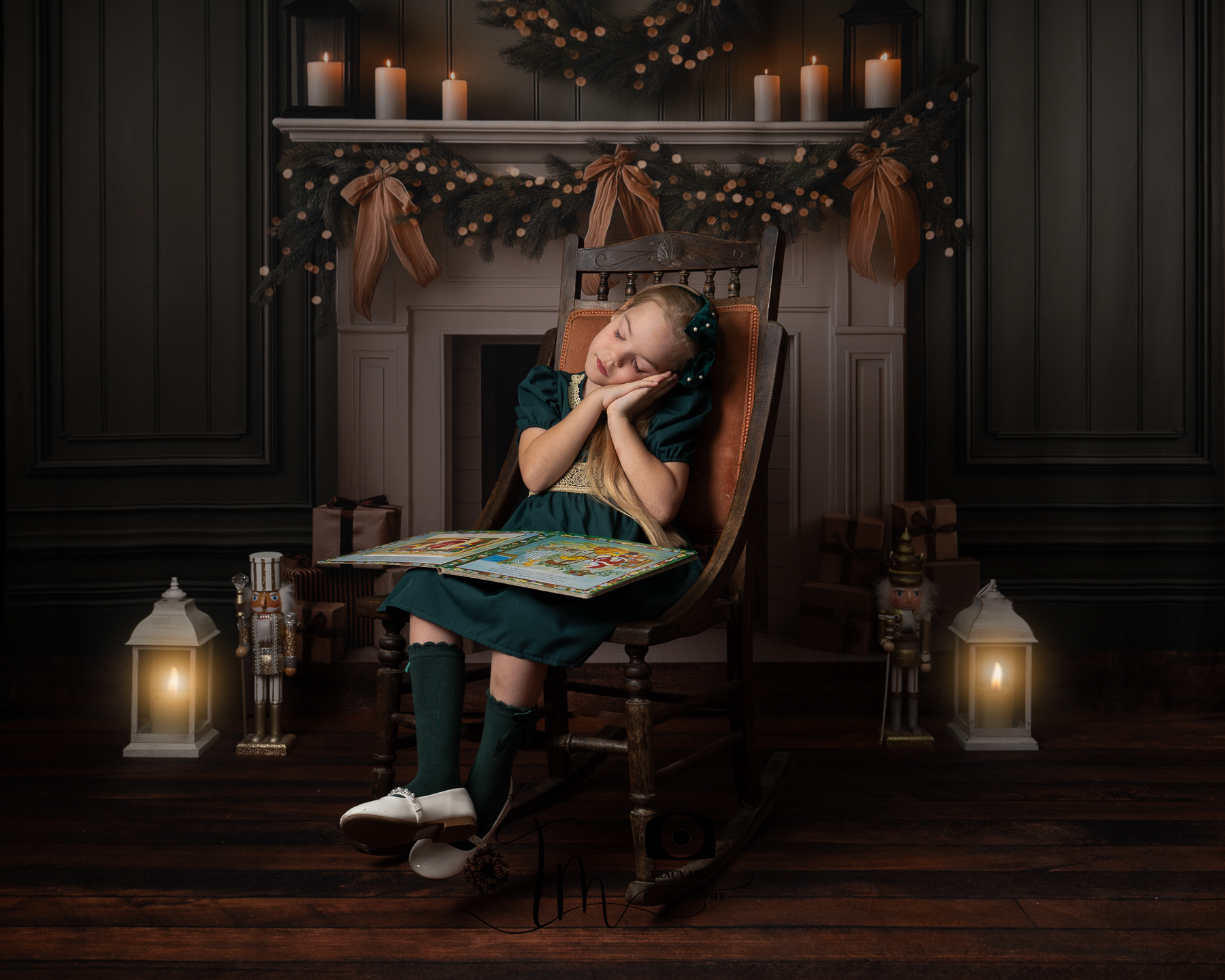 TMP_5069-Edit A girl in a green dress sitting on a rocking chair, asleep in front of the fire at Christmas