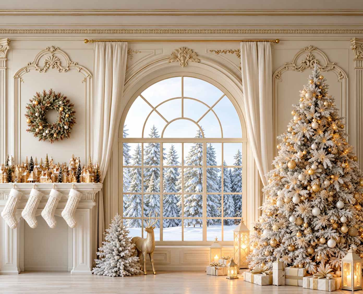 Christmas scene of cream and gold room with Christmas tree fireplace and window looking out onto Snowy trees