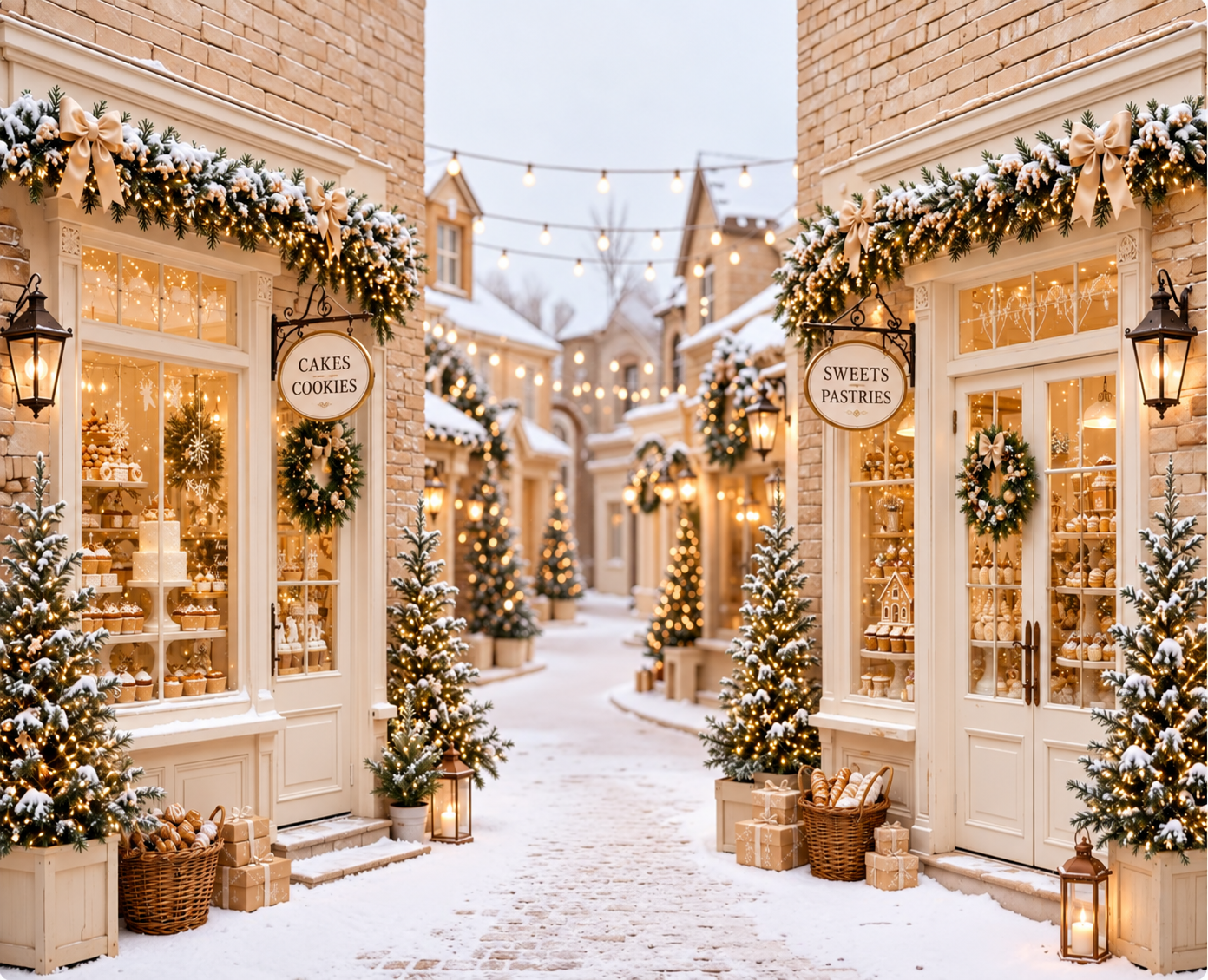 Snowy Christmas scene for photoshoot of bakery shops in snowy Christmas street