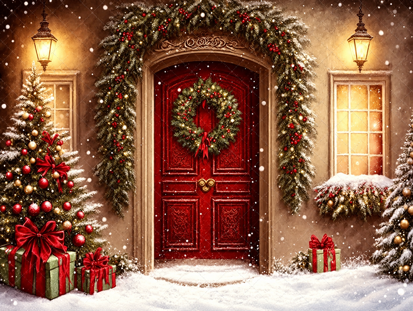 Red door at Christmas in the snow Christmas photo shoot scene tracy main photography